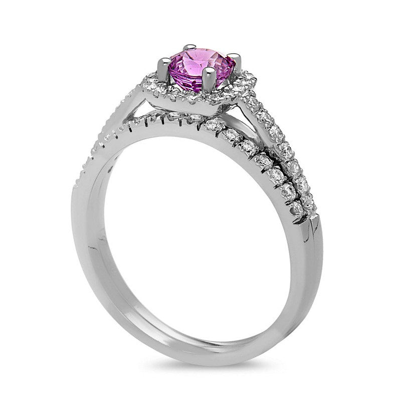 5.0mm Pink Sapphire and 0.38 CT. T.W. Natural Diamond Cushion Frame Bridal Engagement Ring Set in Solid 14K White Gold