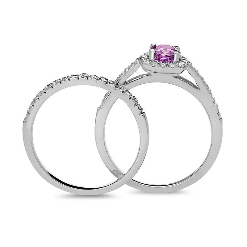 5.0mm Pink Sapphire and 0.38 CT. T.W. Natural Diamond Cushion Frame Bridal Engagement Ring Set in Solid 14K White Gold