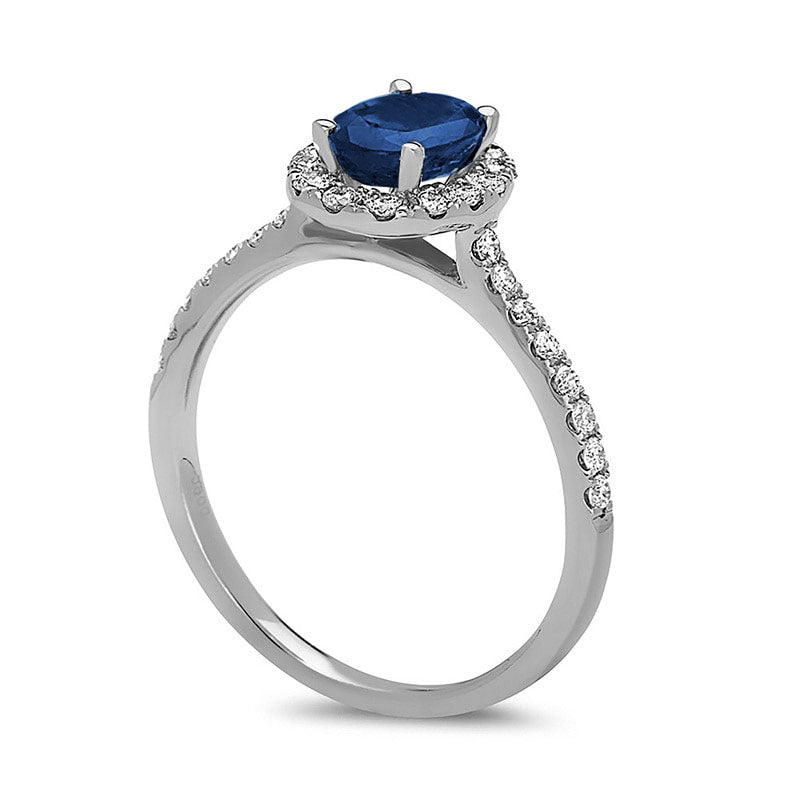 Oval Blue Sapphire and 0.38 CT. T.W. Natural Diamond Frame Engagement Ring in Solid 14K White Gold