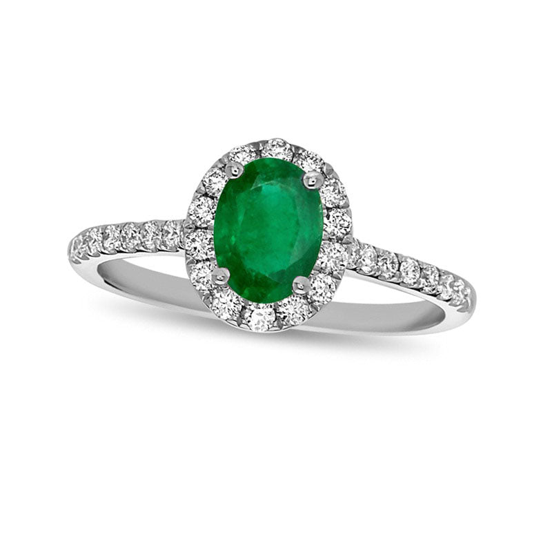 Oval Emerald and 0.38 CT. T.W. Natural Diamond Frame Engagement Ring in Solid 14K White Gold