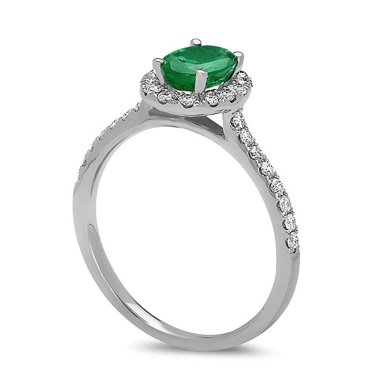 Oval Emerald and 0.38 CT. T.W. Natural Diamond Frame Engagement Ring in Solid 14K White Gold