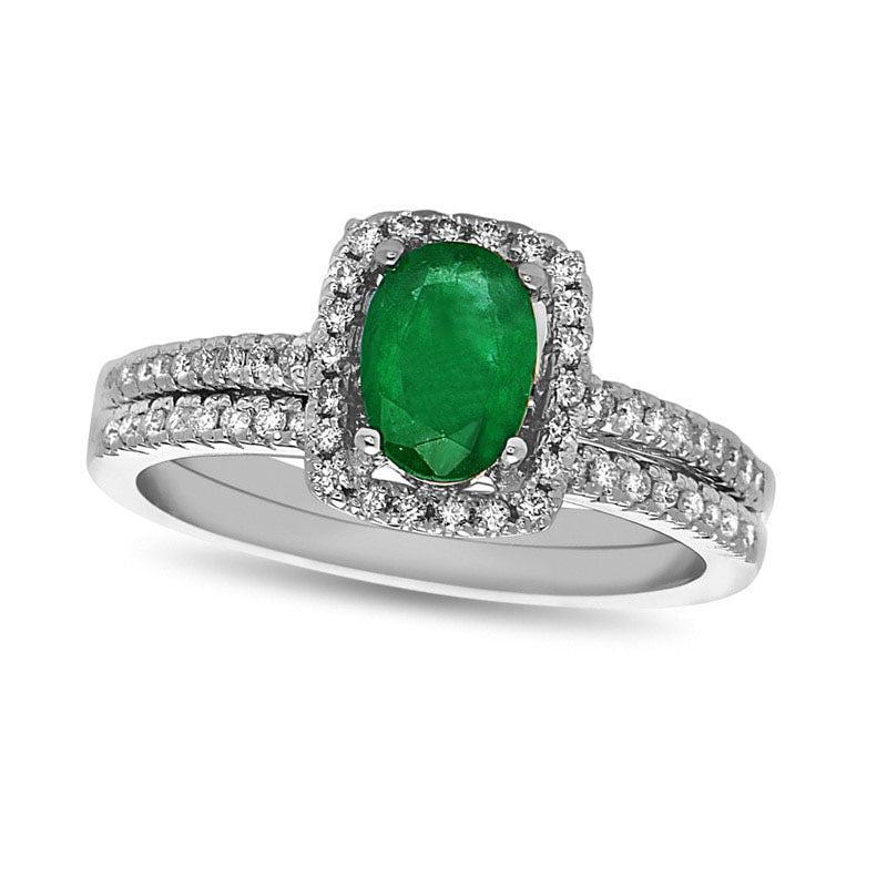 Oval Emerald and 0.33 CT. T.W. Natural Diamond Frame Bridal Engagement Ring Set in Solid 14K White Gold