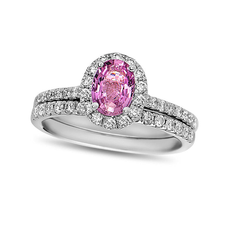 Oval Pink Sapphire and 0.63 CT. T.W. Natural Diamond Frame Bridal Engagement Ring Set in Solid 14K White Gold