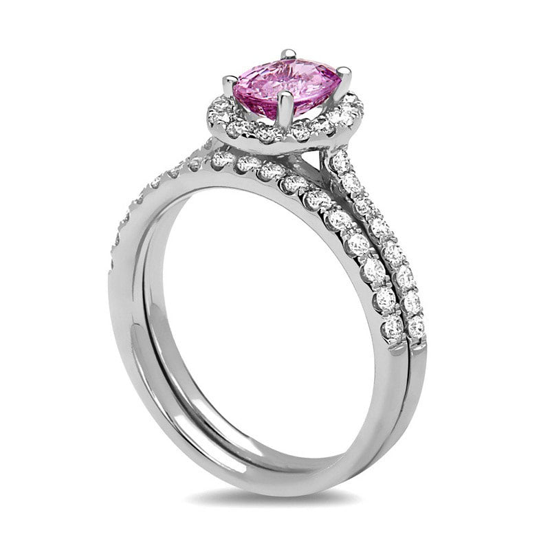 Oval Pink Sapphire and 0.63 CT. T.W. Natural Diamond Frame Bridal Engagement Ring Set in Solid 14K White Gold