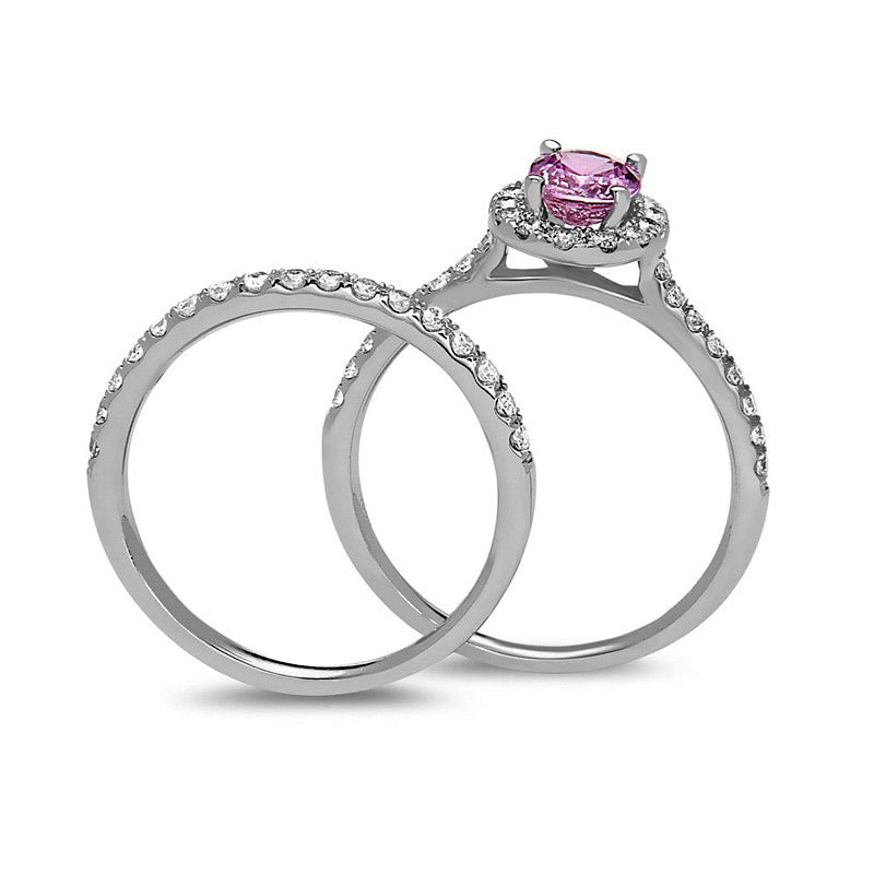 Oval Pink Sapphire and 0.63 CT. T.W. Natural Diamond Frame Bridal Engagement Ring Set in Solid 14K White Gold