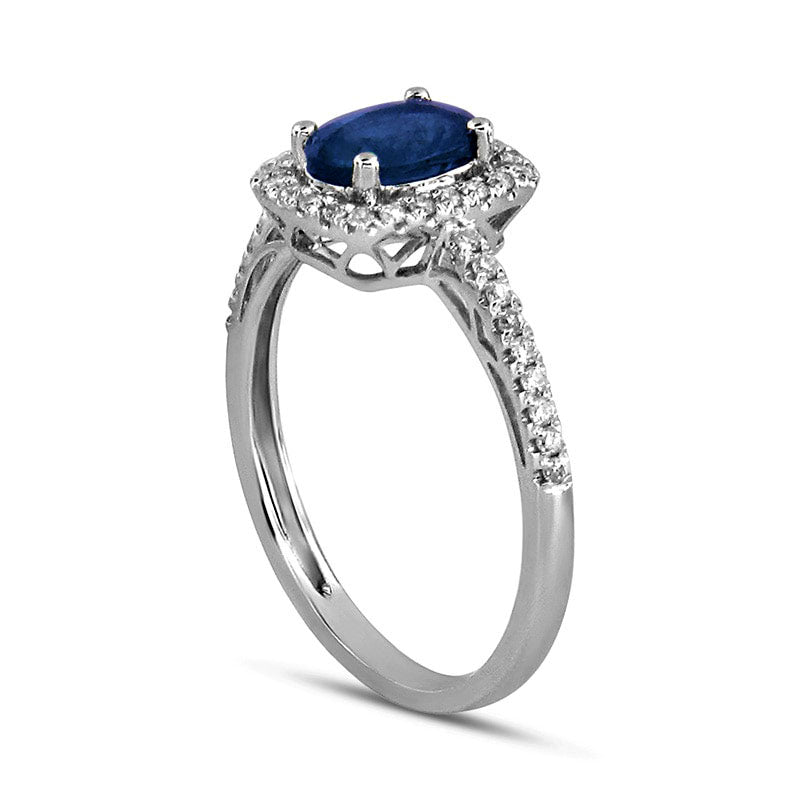 Oval Blue Sapphire and 0.20 CT. T.W. Natural Diamond Frame Engagement Ring in Solid 14K White Gold