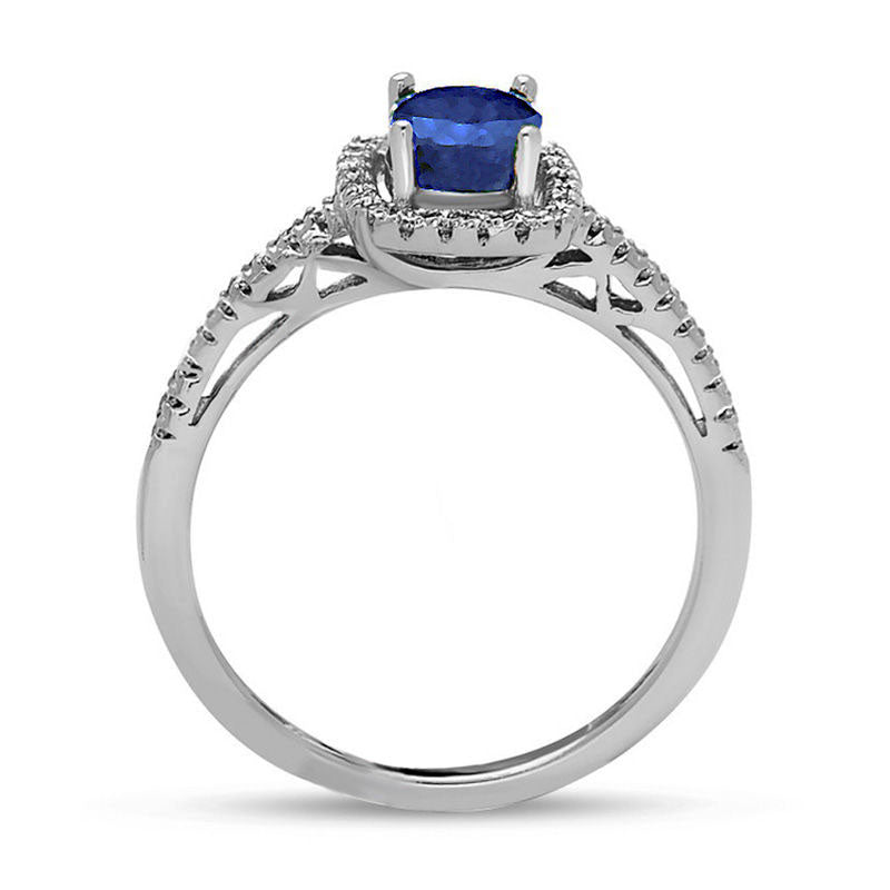 Oval Blue Sapphire and 0.20 CT. T.W. Natural Diamond Frame Engagement Ring in Solid 14K White Gold