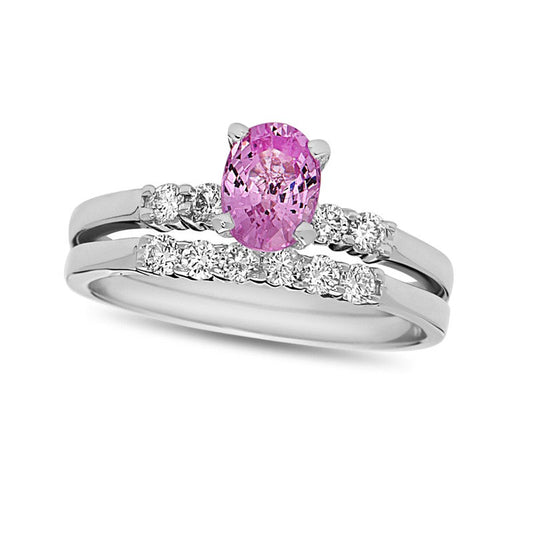 Oval Pink Sapphire and 0.33 CT. T.W. Natural Diamond Bridal Engagement Ring Set in Solid 14K White Gold