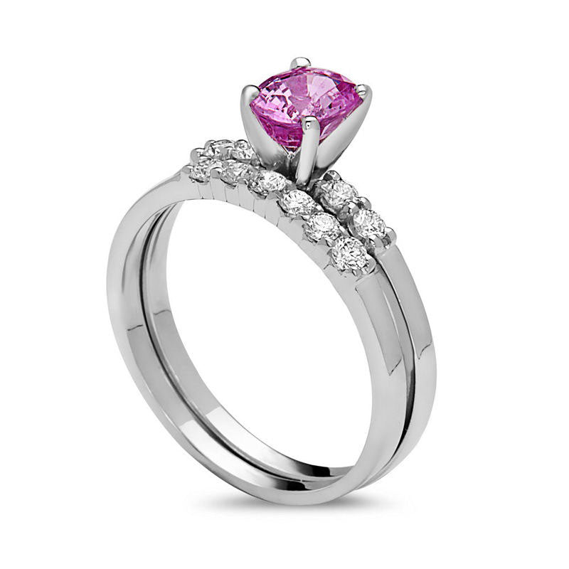 Oval Pink Sapphire and 0.33 CT. T.W. Natural Diamond Bridal Engagement Ring Set in Solid 14K White Gold