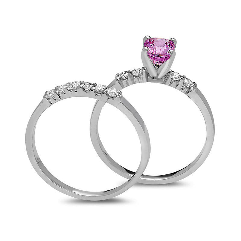 Oval Pink Sapphire and 0.33 CT. T.W. Natural Diamond Bridal Engagement Ring Set in Solid 14K White Gold