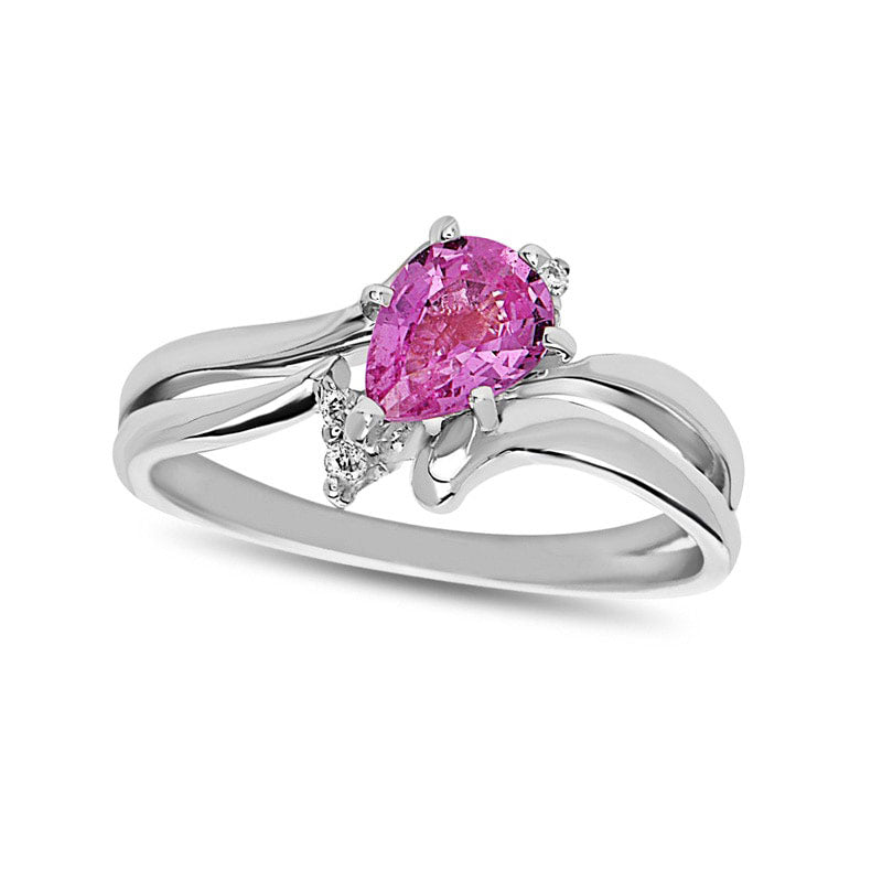 Pear-Shaped Pink Sapphire and Natural Diamond Accent Bypass Bridal Engagement Ring Set in Solid 14K White Gold