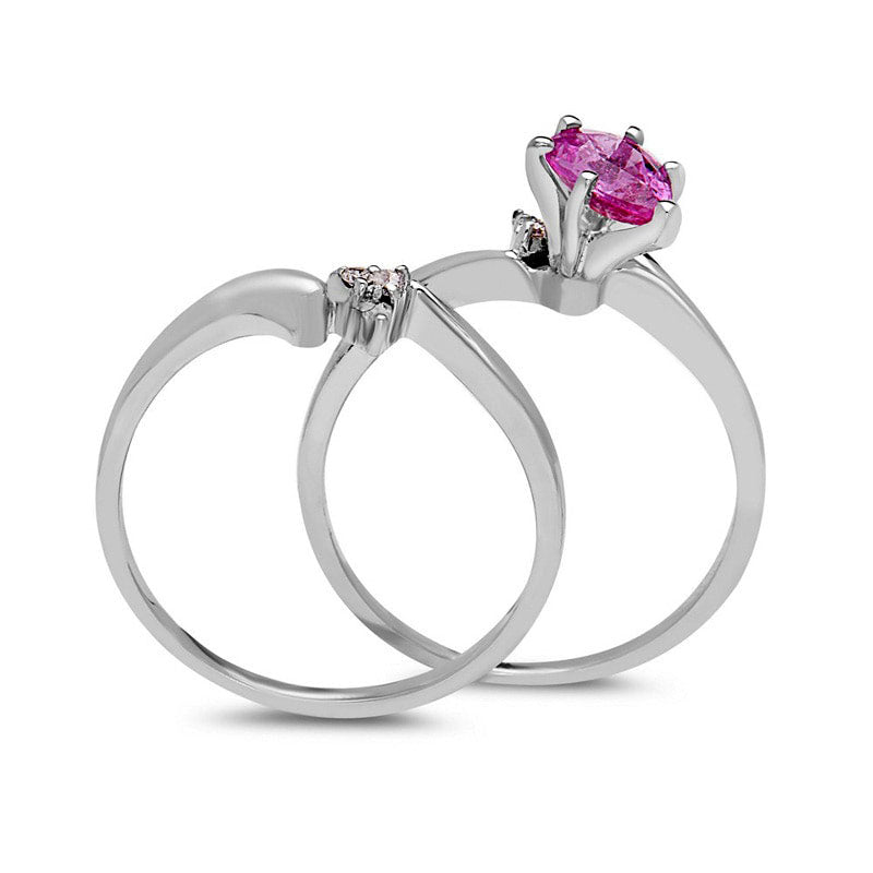 Pear-Shaped Pink Sapphire and Natural Diamond Accent Bypass Bridal Engagement Ring Set in Solid 14K White Gold