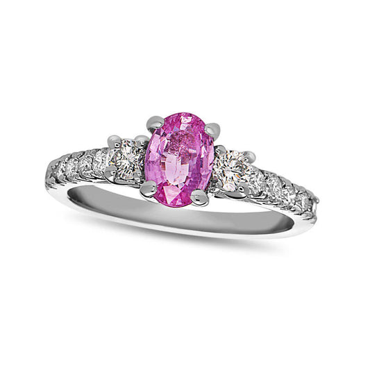 Oval Pink Sapphire and 0.50 CT. T.W. Natural Diamond Three Stone Engagement Ring in Solid 14K White Gold