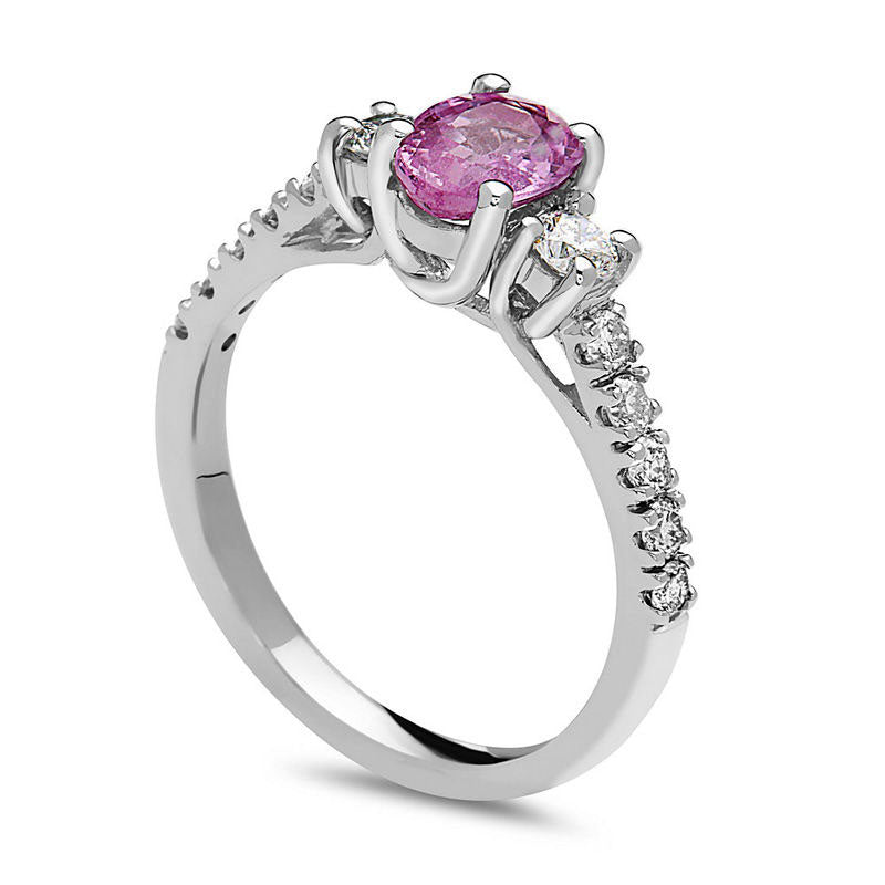 Oval Pink Sapphire and 0.50 CT. T.W. Natural Diamond Three Stone Engagement Ring in Solid 14K White Gold