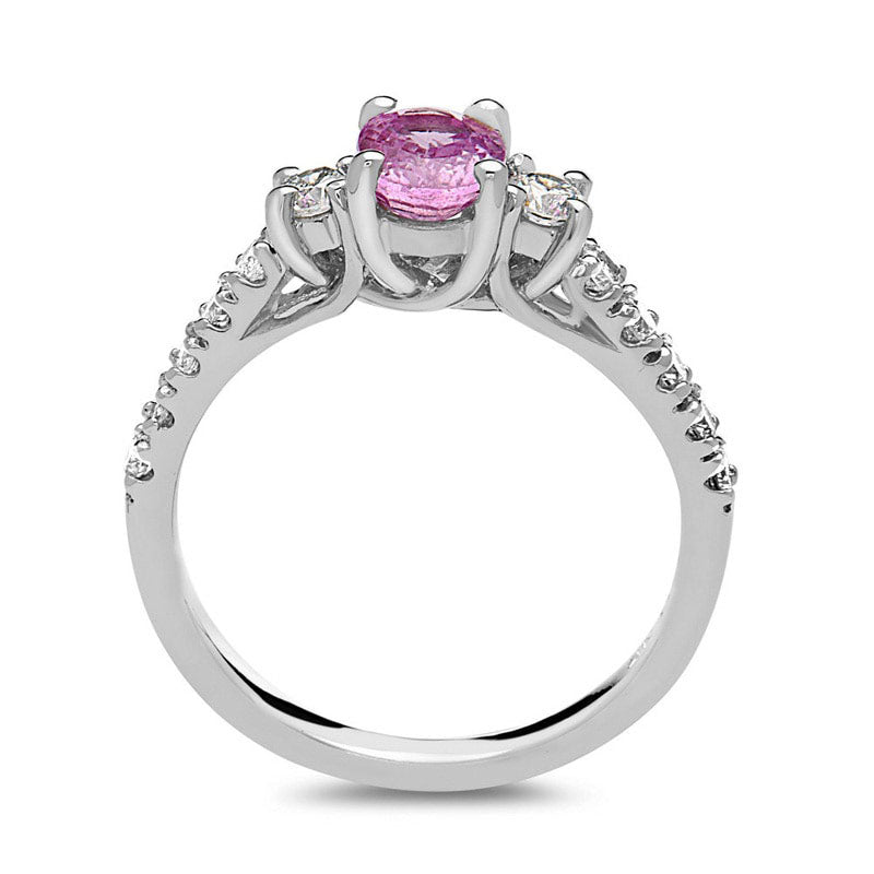 Oval Pink Sapphire and 0.50 CT. T.W. Natural Diamond Three Stone Engagement Ring in Solid 14K White Gold