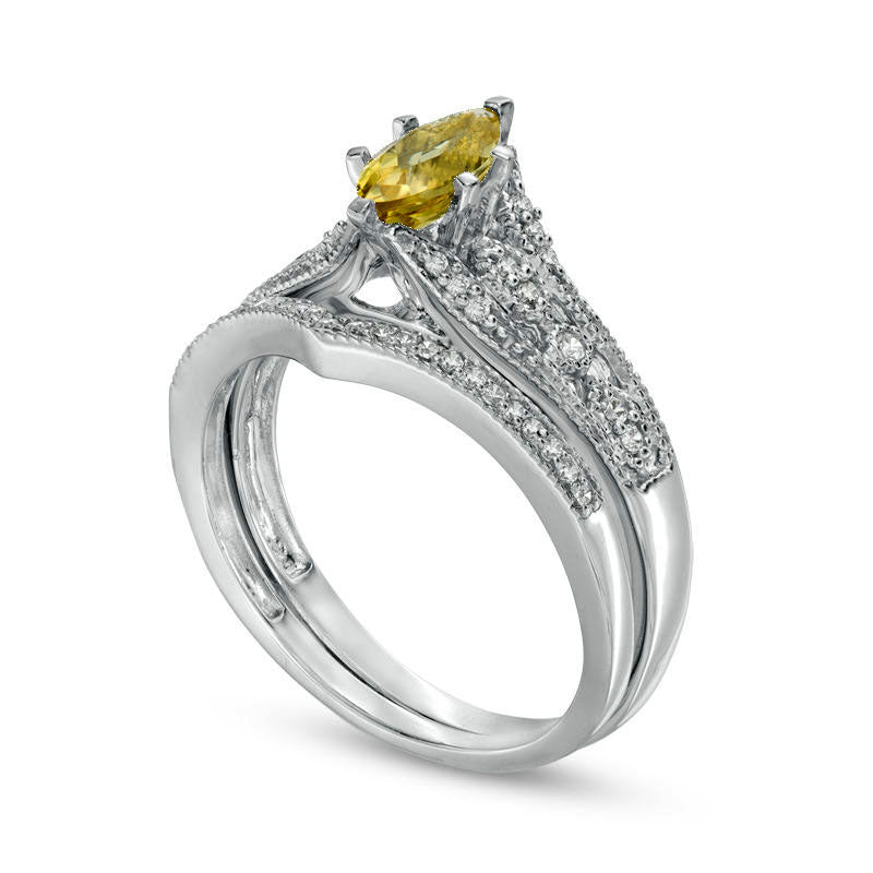 Marquise Yellow Beryl and 0.20 CT. T.W. Natural Diamond Antique Vintage-Style Bridal Engagement Ring Set in Solid 10K White Gold