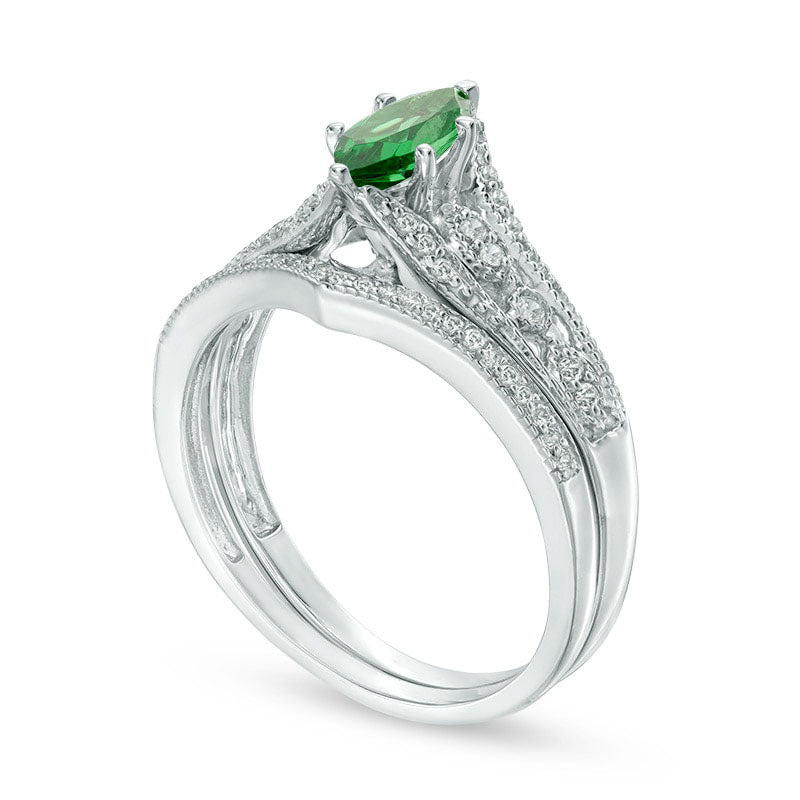 Marquise Lab-Created Emerald and 0.20 CT. T.W. Diamond Antique Vintage-Style Bridal Engagement Ring Set in Solid 10K White Gold