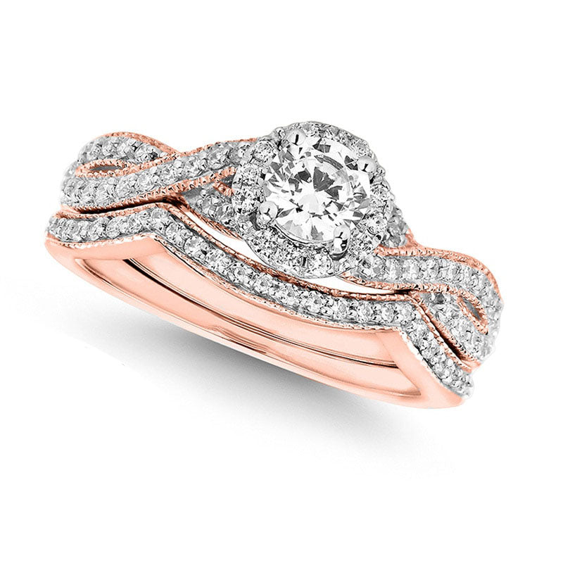 0.75 CT. T.W. Natural Diamond Twist Shank Bridal Engagement Ring Set in Solid 14K Rose Gold