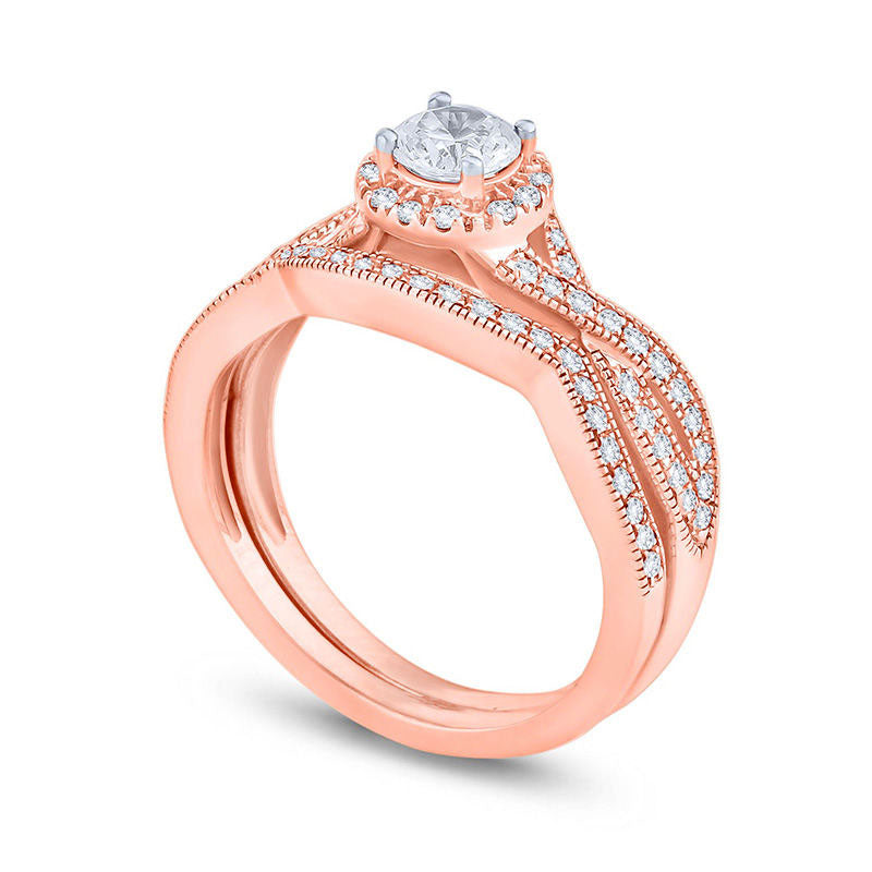 0.75 CT. T.W. Natural Diamond Twist Shank Bridal Engagement Ring Set in Solid 14K Rose Gold