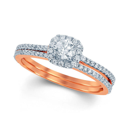 0.63 CT. T.W. Natural Diamond Cushion Frame Bridal Engagement Ring Set in Solid 14K Rose Gold