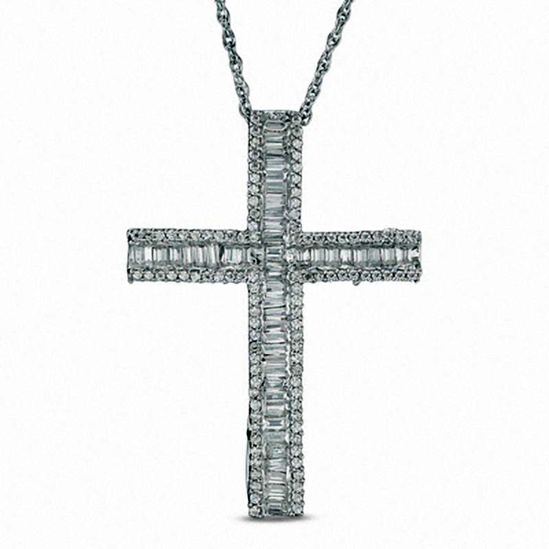 0.88 CT. T.W. Baguette Natural Diamond Cross Pendant in 10K White Gold