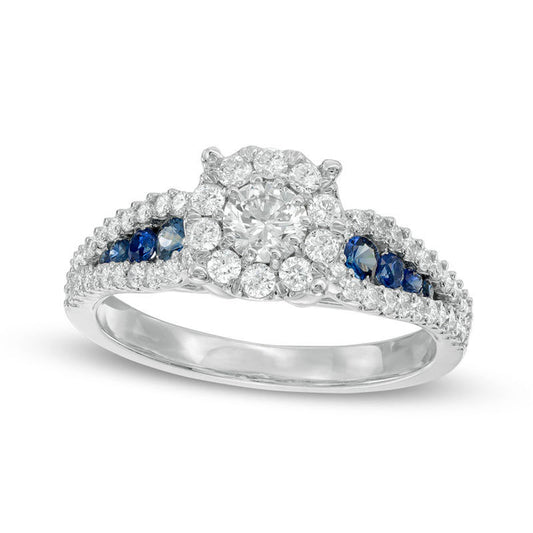 0.88 CT. T.W. Natural Diamond and Blue Sapphire Frame Engagement Ring in Solid 14K White Gold