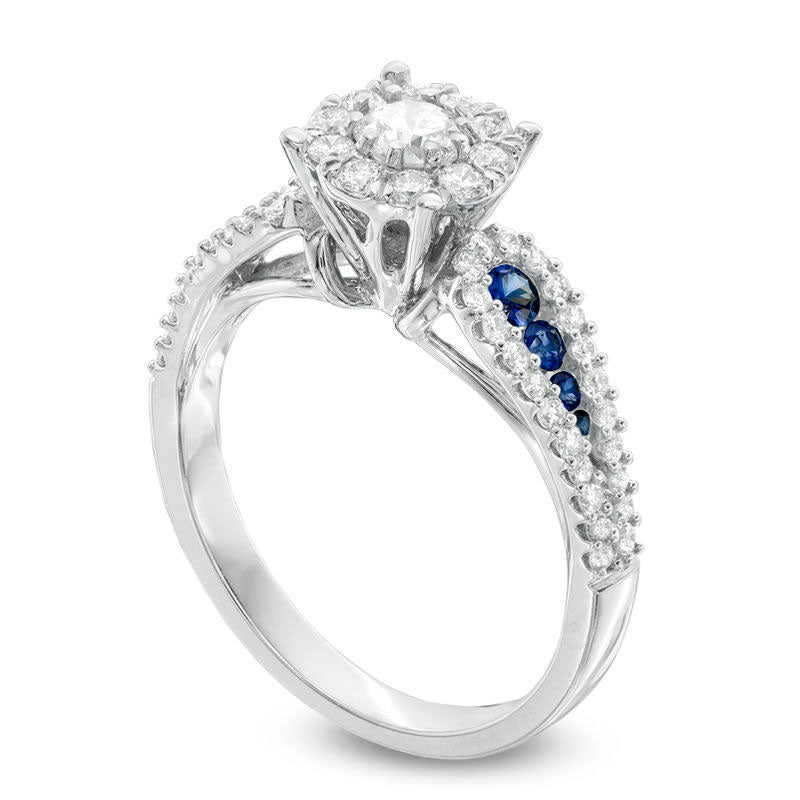 0.88 CT. T.W. Natural Diamond and Blue Sapphire Frame Engagement Ring in Solid 14K White Gold