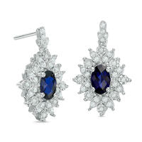 Oval Lab-Created Blue and White Sapphire Starburst Frame Drop Earrings in Sterling Silver