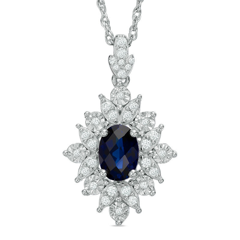 Oval Lab-Created Blue and White Sapphire Starburst Frame Pendant in Sterling Silver