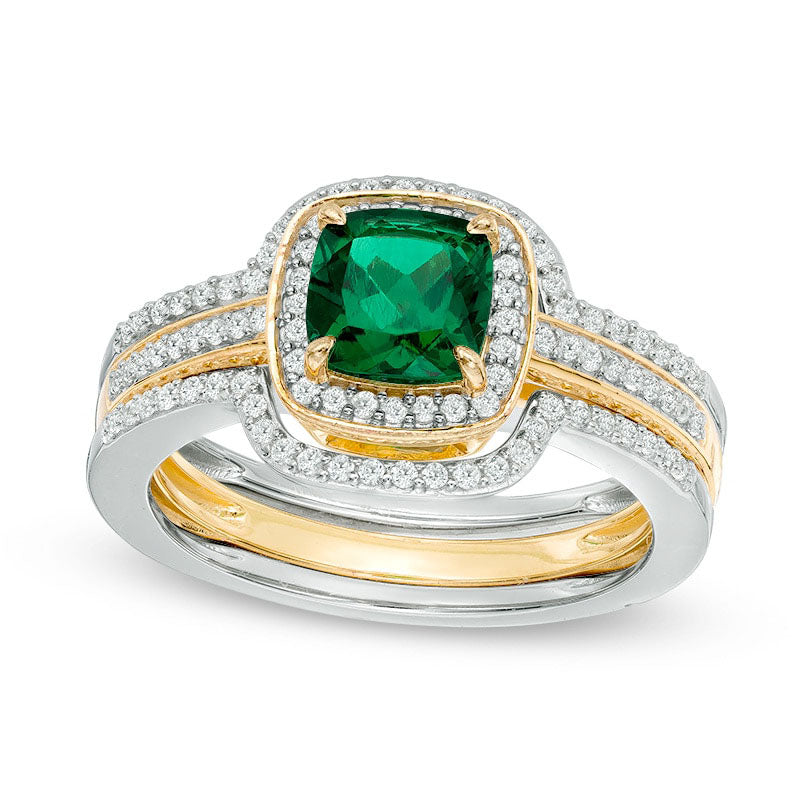 6.0mm Cushion-Cut Lab-Created Emerald and White Sapphire Frame Bridal Engagement Ring Set in Sterling Silver and Solid 14K Gold Plate