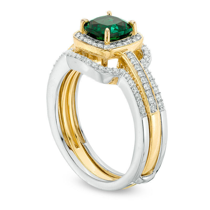 6.0mm Cushion-Cut Lab-Created Emerald and White Sapphire Frame Bridal Engagement Ring Set in Sterling Silver and Solid 14K Gold Plate