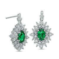 Oval Lab-Created Emerald and White Sapphire Starburst Frame Drop Earrings in Sterling Silver