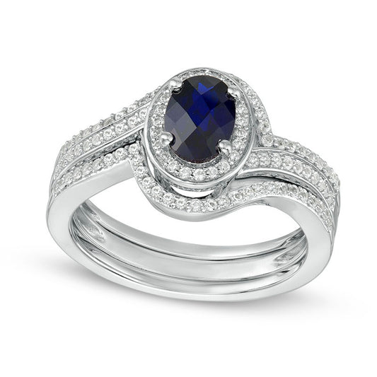 Oval Lab-Created Blue and White Sapphire Swirl Frame Bridal Engagement Ring Set in Sterling Silver