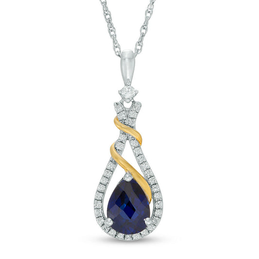 Pear-Shaped Lab-Created Blue and White Sapphire Teardrop Pendant in Sterling Silver and Yellow Rhodium