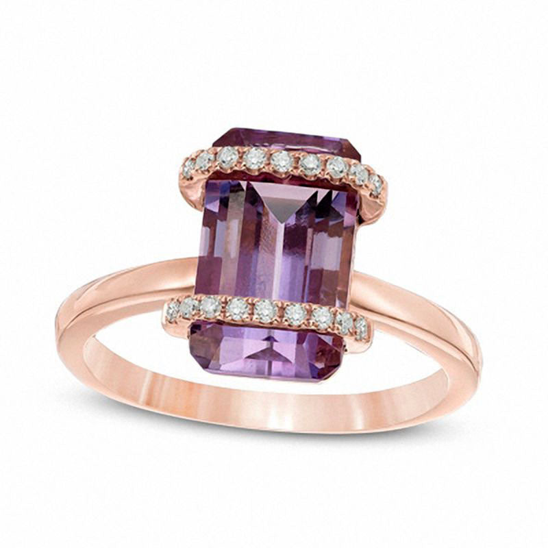 Emerald-Cut Amethyst and Natural Diamond Accent Double Overlay Ring in Solid 10K Rose Gold