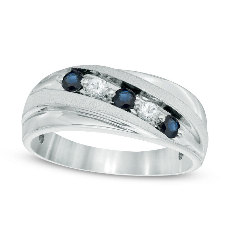 Men's Lab-Created Blue and White Sapphire Five Stone Slant Band in Sterling Silver