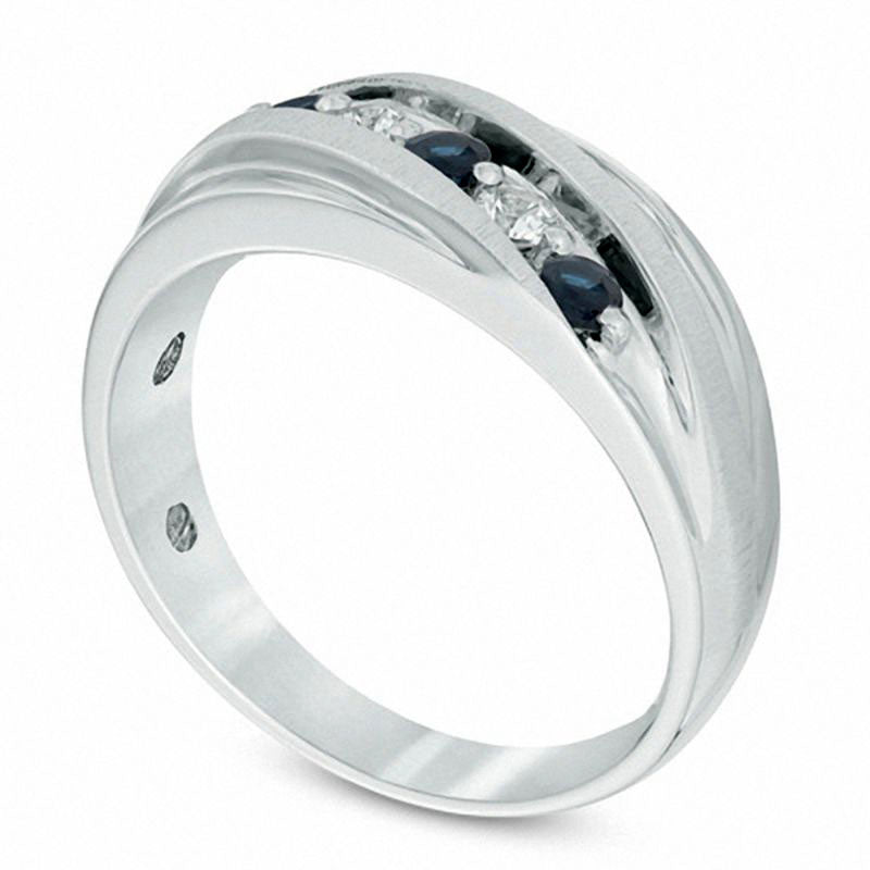 Men's Lab-Created Blue and White Sapphire Five Stone Slant Band in Sterling Silver