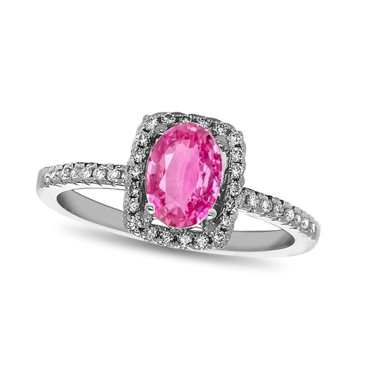 Oval Pink Sapphire and 0.20 CT. T.W. Natural Diamond Frame Engagement Ring in Solid 14K White Gold