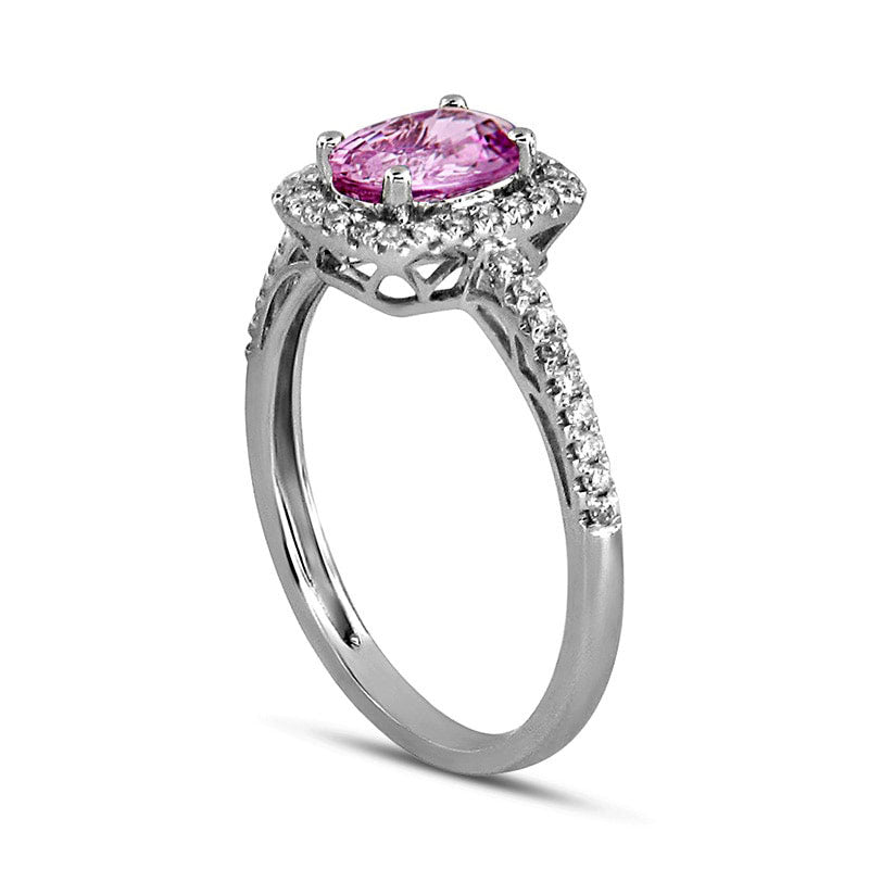 Oval Pink Sapphire and 0.20 CT. T.W. Natural Diamond Frame Engagement Ring in Solid 14K White Gold