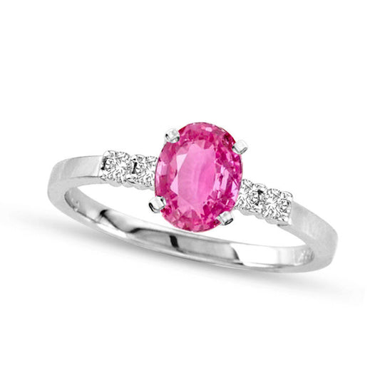 Oval Pink Sapphire and 0.17 CT. T.W. Natural Diamond Engagement Ring in Solid 14K White Gold