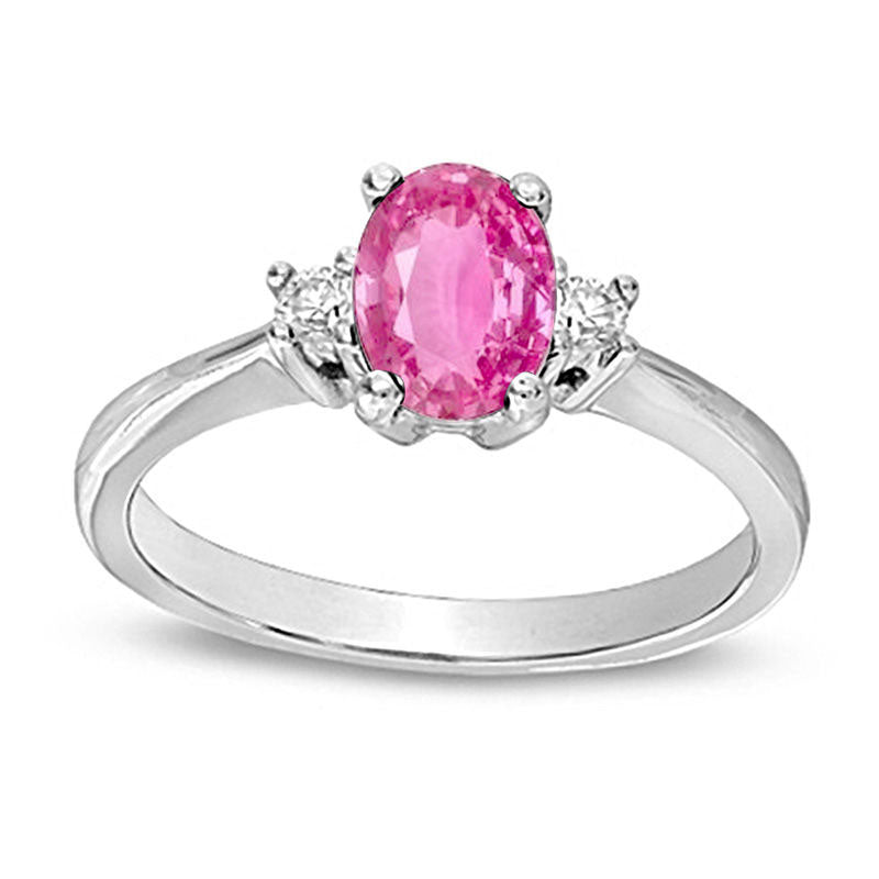 Oval Pink Sapphire and Natural Diamond Accent Three Stone Engagement Ring in Solid 14K White Gold