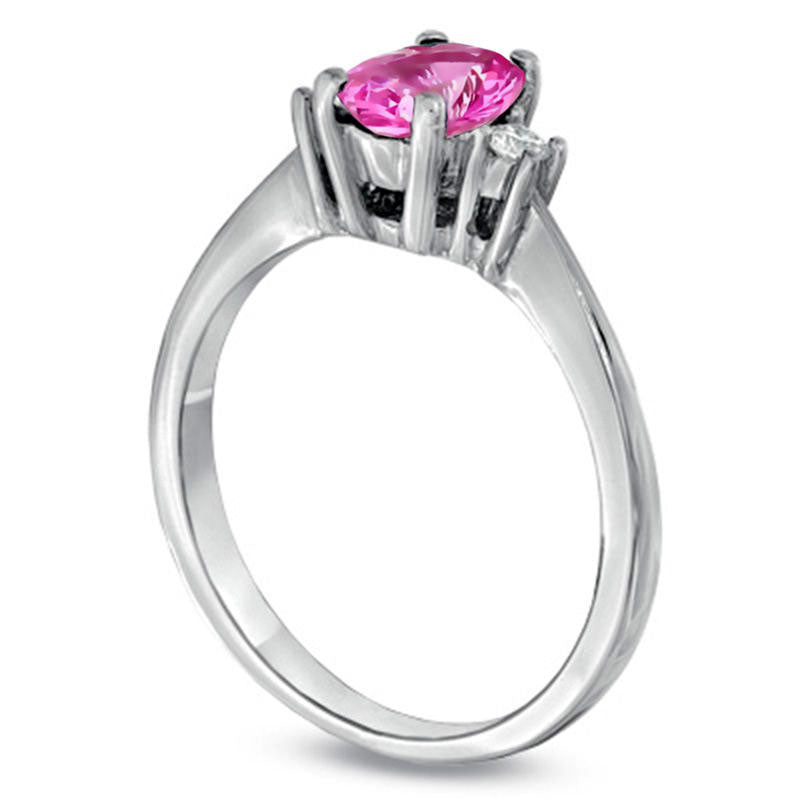 Oval Pink Sapphire and Natural Diamond Accent Three Stone Engagement Ring in Solid 14K White Gold