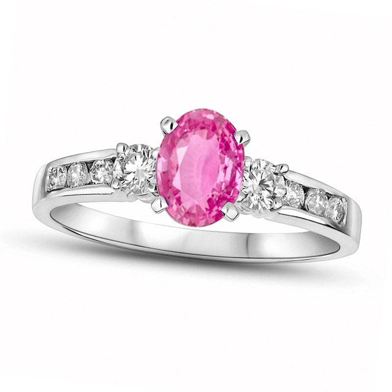 Oval Pink Sapphire and 0.38 CT. T.W. Natural Diamond Engagement Ring in Solid 14K White Gold