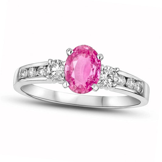 Oval Pink Sapphire and 0.38 CT. T.W. Natural Diamond Engagement Ring in Solid 14K White Gold