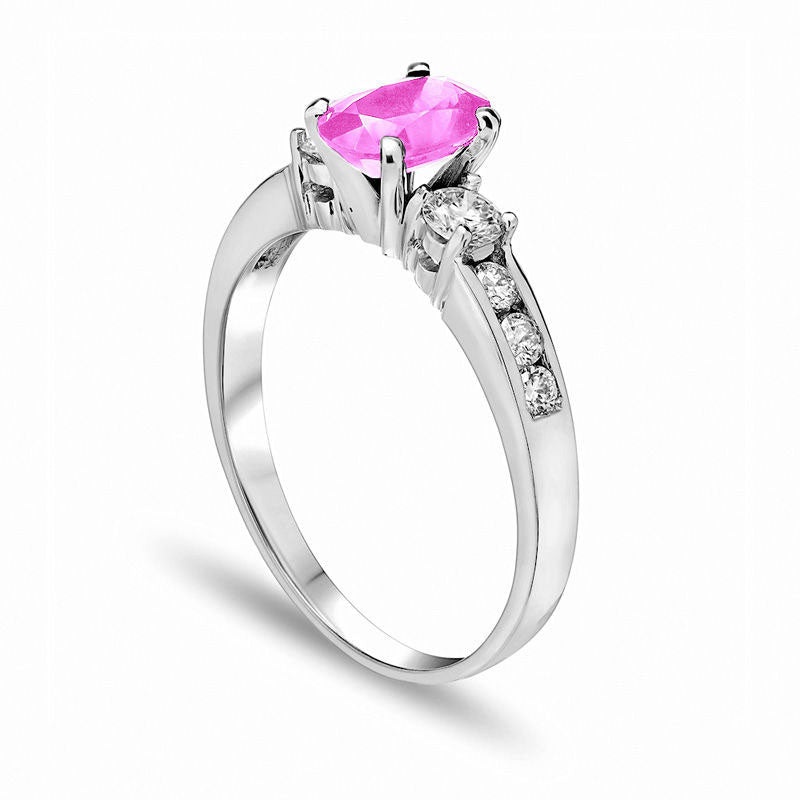 Oval Pink Sapphire and 0.38 CT. T.W. Natural Diamond Engagement Ring in Solid 14K White Gold