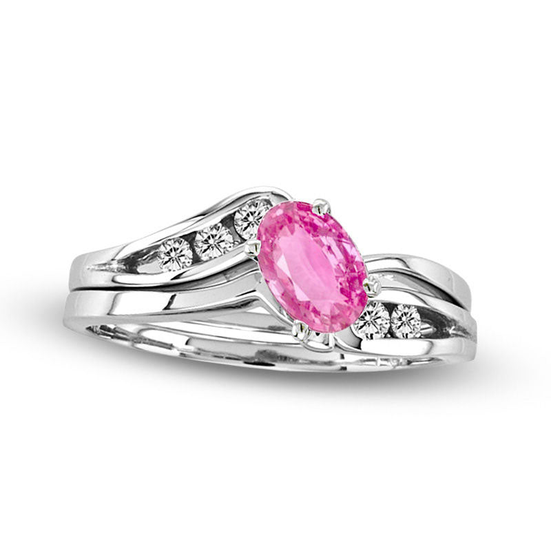 Oval Pink Sapphire and 0.20 CT. T.W. Natural Diamond Bypass Bridal Engagement Ring Set in Solid 14K White Gold