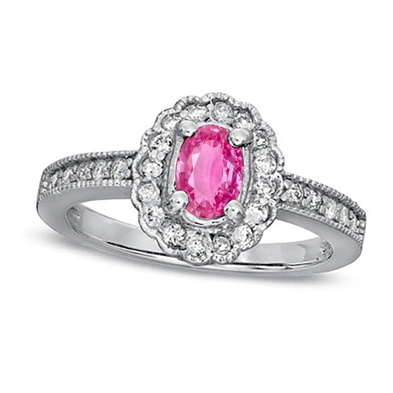 Oval Pink Sapphire and 0.25 CT. T.W. Natural Diamond Scallop Frame Engagement Ring in Solid 14K White Gold