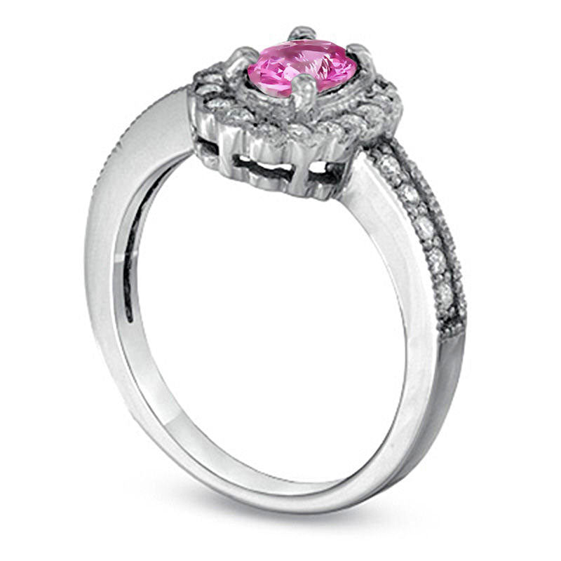 Oval Pink Sapphire and 0.25 CT. T.W. Natural Diamond Scallop Frame Engagement Ring in Solid 14K White Gold