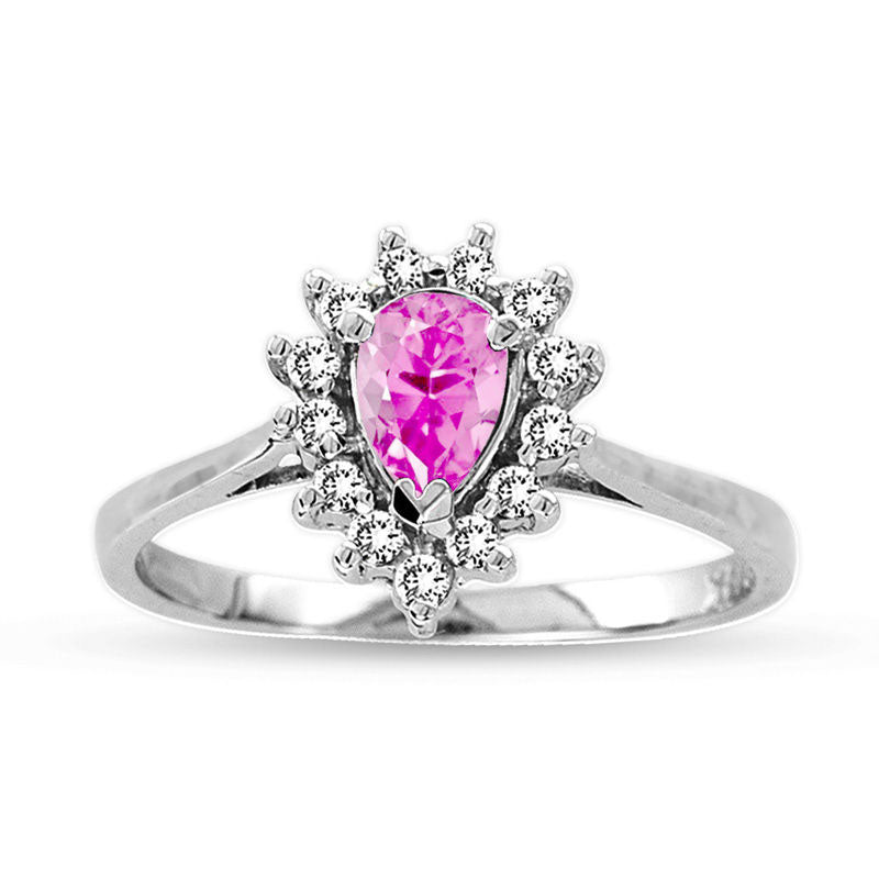 Pear-Shaped Pink Sapphire and 0.20 CT. T.W. Natural Diamond Frame Engagement Ring in Solid 14K White Gold