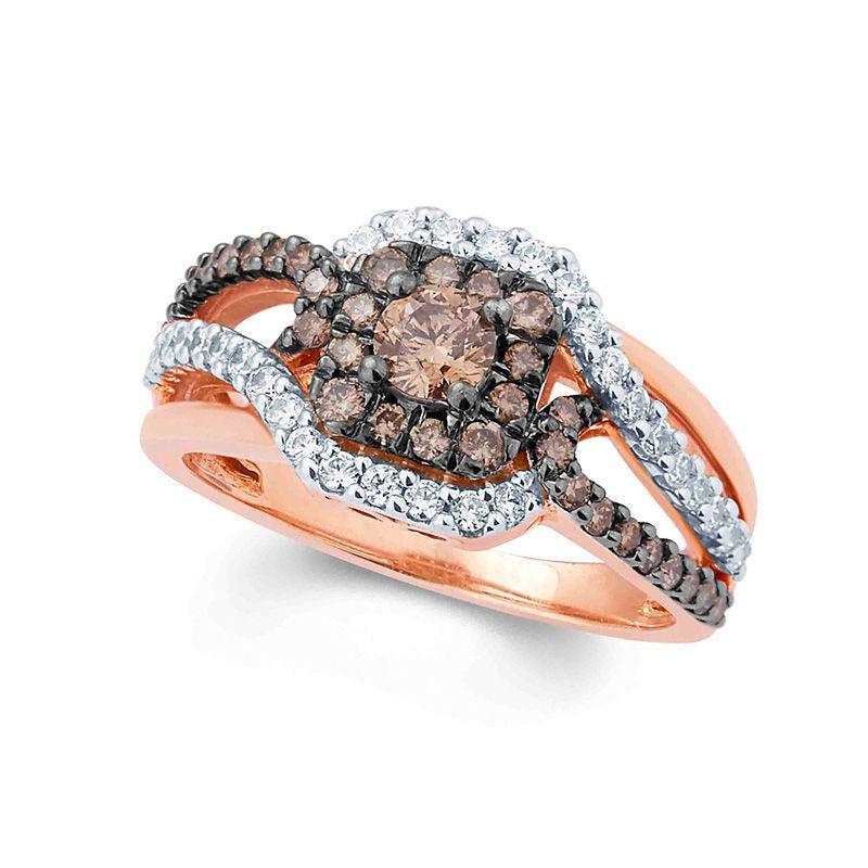 1.0 CT. T.W. Champagne and White Natural Diamond Square Frame Swirl Bypass Ring in Solid 10K Rose Gold